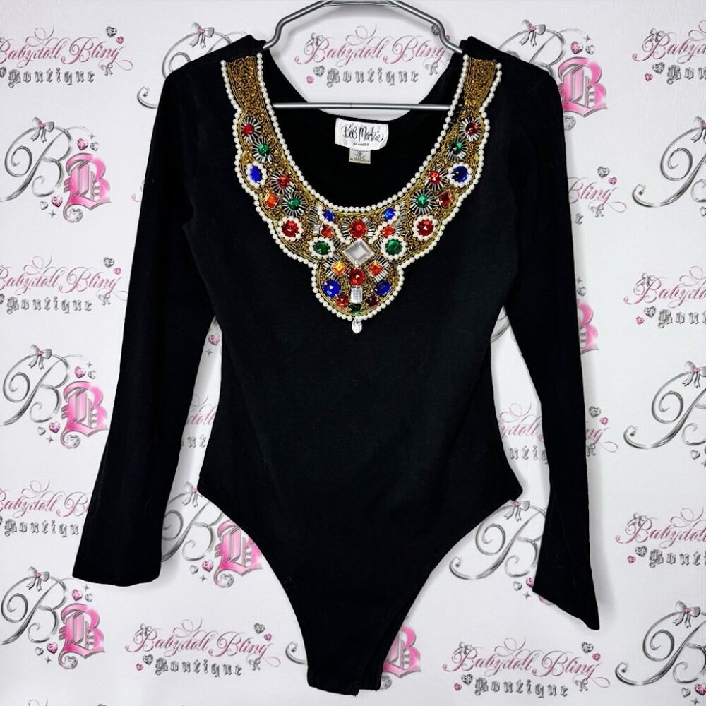 Bob Mackie blouses body suit embroidered jewels diamonds neckline stretchy